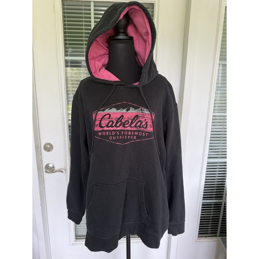 Cabelas Hoodie Women's XL Black Pullover Sweatshirt Pink Graphics